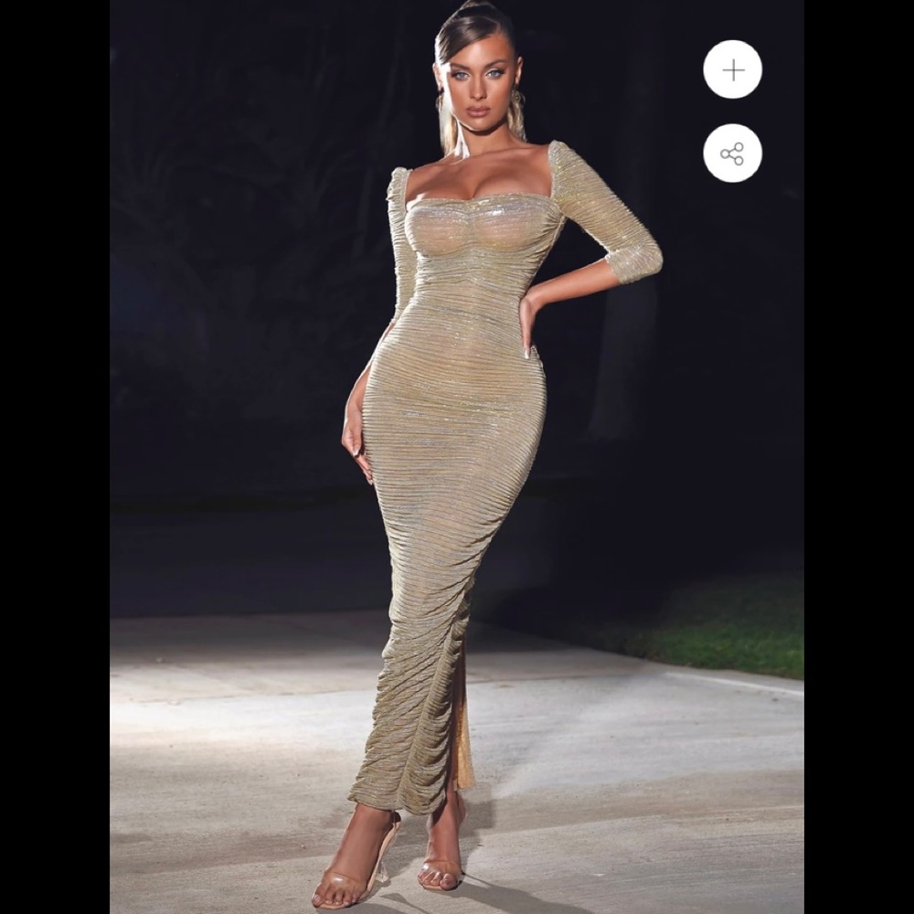 Sorrel gold ruched chiffon maxi dress